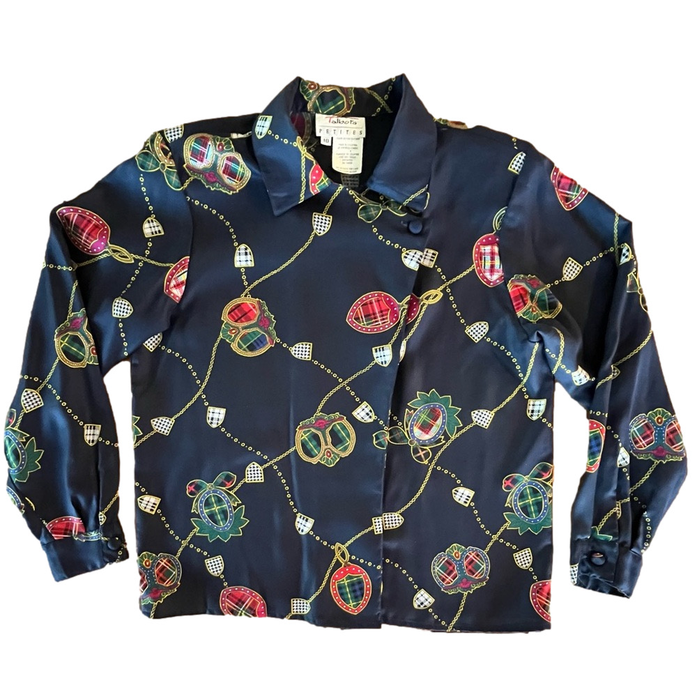 Talbots Petite Silk-Like Blouse Navy Equestrian Chain Print 10P